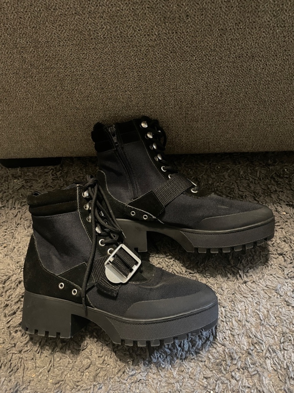 Steve Madden Black Lug Sole Ankle Boots with Buckle Strap - Women's